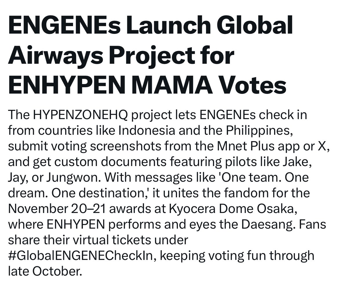 hypenzonehq's tweet photo. ENGENES! YOU GUYS ARE INSANE! 😭✈️ Our “GLOBAL EN AIRWAYS” campaign got featured! Let’s keep this flight gaining altitude and encourage more ENGENES to check in on our journey toward ENHYPEN’s MAMA DAESANG! 🏆🔥 https://t.co/AwiRiQFVdM