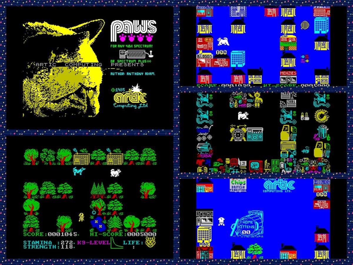 OldSchoolBooks1's tweet photo. Today's #retrogaming on the #ZXSpectrum #Paws ( it was going to be called Cats, but Andrew Lloyd Webber stopped it!) Find your kittens, fight dogs, and collect items. This game is great fun if you like maze games. I highly recommend it. https://t.co/T7l2fzh1AG