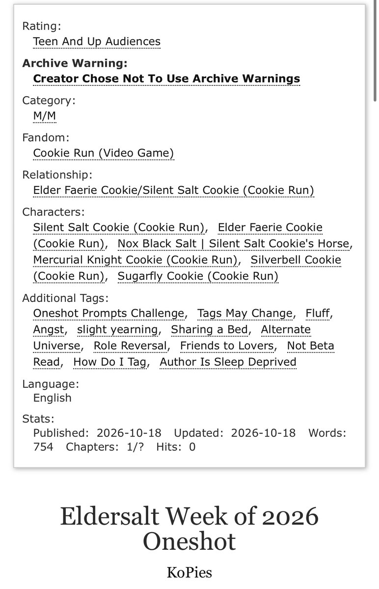 Ph03nixkikiyeou's tweet photo. Eldersalt Week of 2026 Oneshot by KoPies - Cookie Run (Video Game) https://t.co/YQz76OxQqy via @ao3org
I’m so fking scared
#SaltFaeWeek26 https://t.co/A7n9J5eR8f
