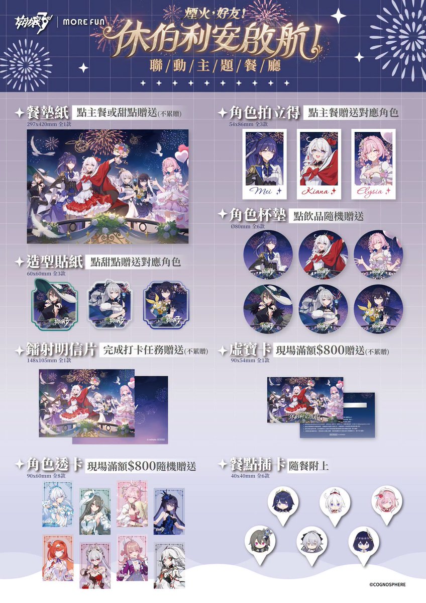 chibi0108's tweet photo. ハイペリオン号出航2026
台北、高雄コラボレストラン
注文特典一覧
キアナ、芽衣、ブローニャ、ゼーレ、ヴィタ、エリシア

ランチョンマット、ステッカー、ホロ加工ポストカード、クリアカード、フォトカード、コースター、ピック
#崩壊3rd #HonkaiImpact3rd https://t.co/5sf04LZVpB