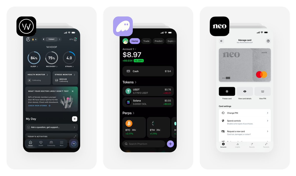 mobbin's tweet photo. New mobile apps on Mobbin this week. Featuring @WHOOP, @phantom, @neofinancial and more.

Check them out on https://t.co/Vzn1k0suPf https://t.co/Dq0sbx8hoG