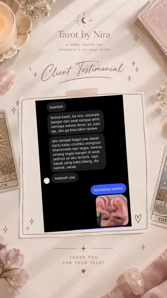 tarotbynira's tweet photo. testimoni kecil yang bikin aku happy banget 🥹💗🔮 makasih udah percaya sama Tarot by Nira!

yang mau reading juga boleh banget DM yaa ♡

#tarotindonesia #tarotreading #tarotbynira https://t.co/w7ZyNE7zVa