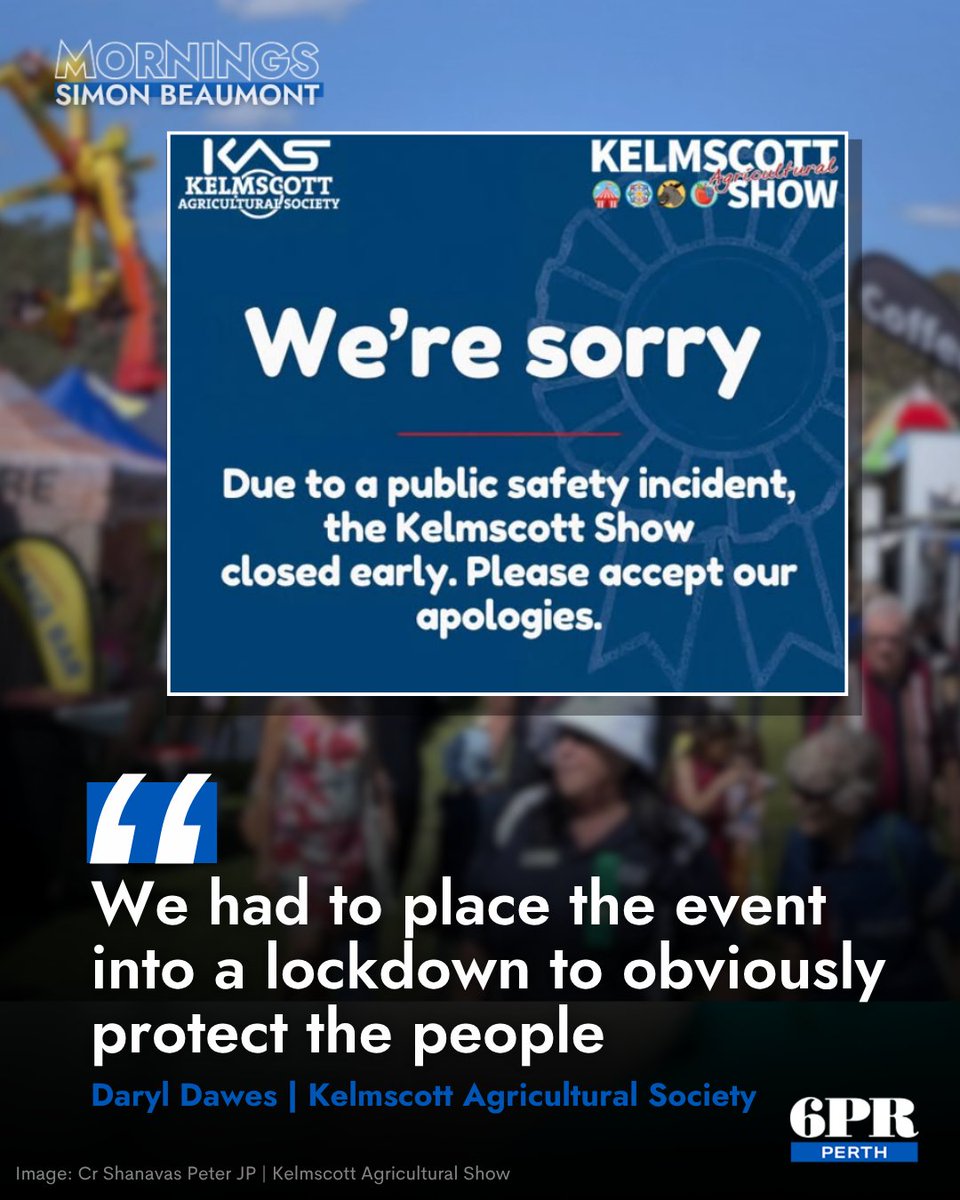 6PR's tweet photo. Waiting 90 minutes for police while a mob of up to 70 youths tried to breach the fences. The Kelmscott Show president reveals what really happened during the weekend's lockdown.
Click the link to hear about the  lockdown at the Kelmscott Show ▶️ https://t.co/QIxfOcBX3e https://t.co/ZLvUuIAreJ