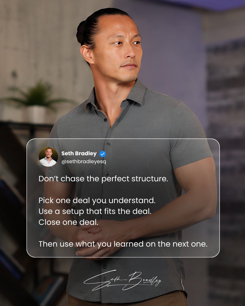sethbradleyesq's tweet photo. A perfect structure will not replace real experience.

Start with a deal you know. Build the right setup around it. Close it. Then use what you learned to make the next one better.

Share this with someone stuck in planning mode.

#raisingcapital #realestateinvesting #fundmanager #fundformation #sethbradley