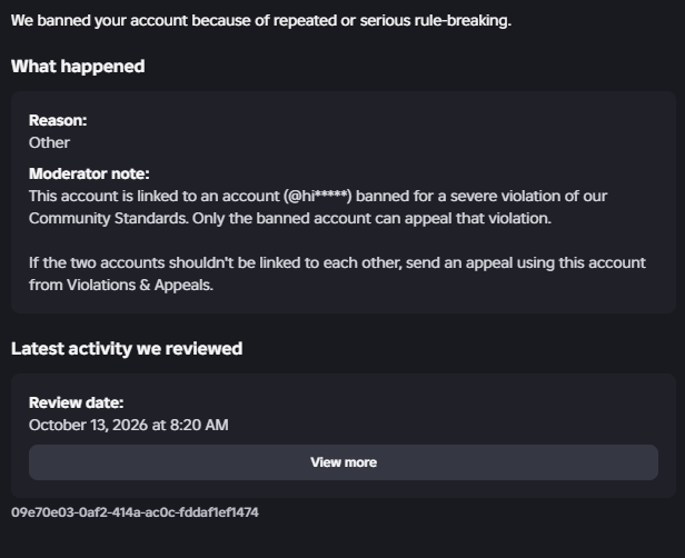 retortls's tweet photo. REPOST:  5 days since termination. No matter how many support tickets, replies, proof that supports every claim meant to verify my account ownership and its false linkage to an alt account, it's nothing but dead ends. oh yeah, and i'm mostly likely getting ghosted too #falseban https://t.co/Hc2dJRZxSU