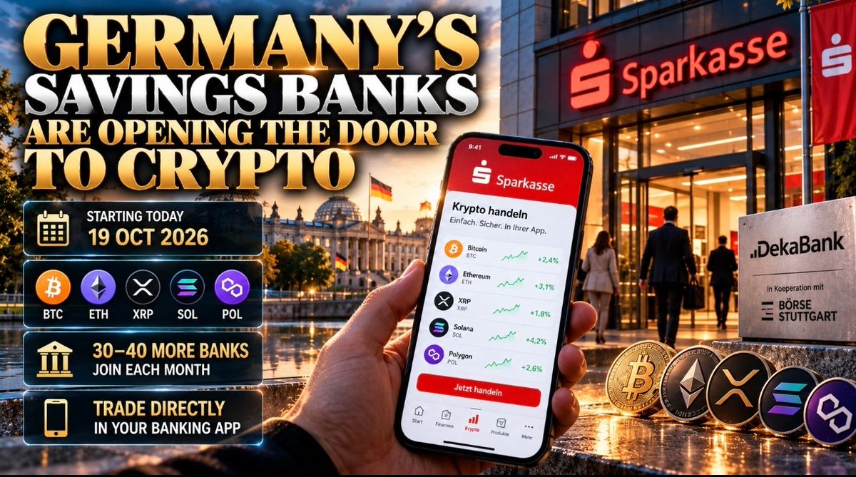 The_CryptoGuard's tweet photo. 🚨 GERMANY'S SAVINGS BANKS ARE OPENING THE DOOR TO CRYPTO!

Starting today, selected Sparkassen customers can trade $BTC, $ETH, $XRP, $SOL and $POL directly inside their banking app.

30-40 more banks are expected to join each month.

Crypto is moving into everyday banking. 🇩🇪 https://t.co/WOH2LDm42K