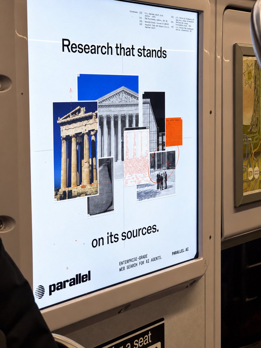 yangyou's tweet photo. last week, we launched the first batch of our @p0 brand campaign in NYC

every ad is a collage assembled with citations, representing a real research report built on Parallel's APIs

more to come on how we built this. in the meantime, share with us if you encounter it in the wild!