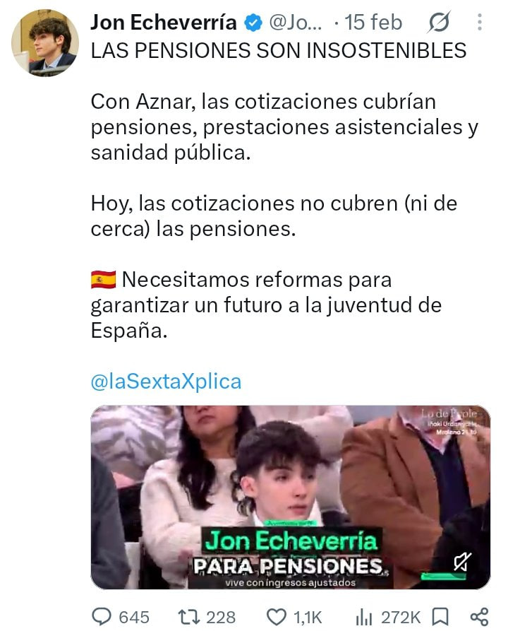 JulenBollain's tweet photo. No voy a meterme con Jon Echeverría por su edad, por no haber terminado aún la carrera ni por lo que haya cotizado.

Pero que quede clara la posición del PP sobre las pensiones: «LAS PENSIONES SON INSOSTENIBLES».

Luego no digáis que no avisamos. https://t.co/akhSe2sLbM