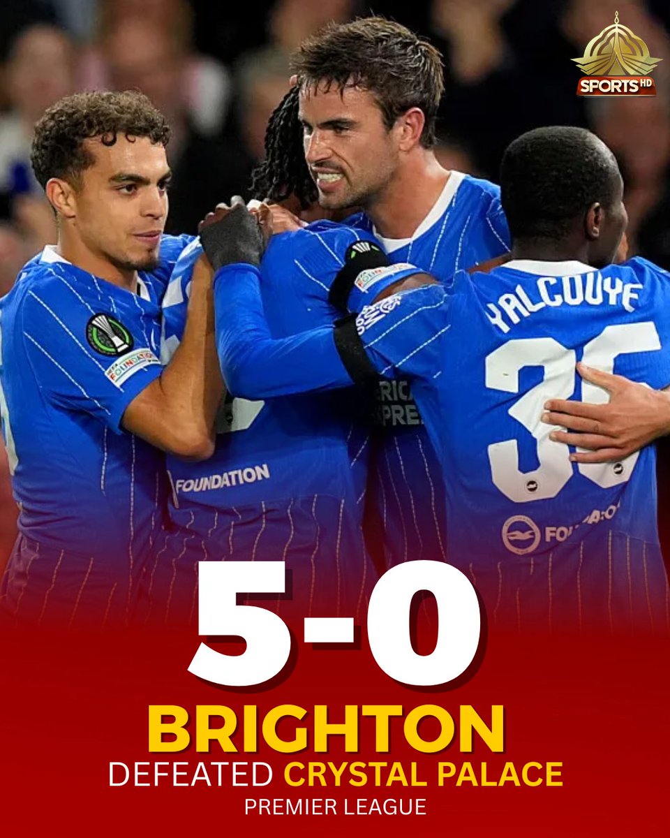 PTVSp0rts's tweet photo. Brighton crush Palace in style! ⚽ 
🔵 Brighton secured an emphatic 5-0 victory over 🦅 #CrystalPalace in a spectacular #PremierLeague showdown
#PTVSports #BHACRY https://t.co/Qan2D7qi7T