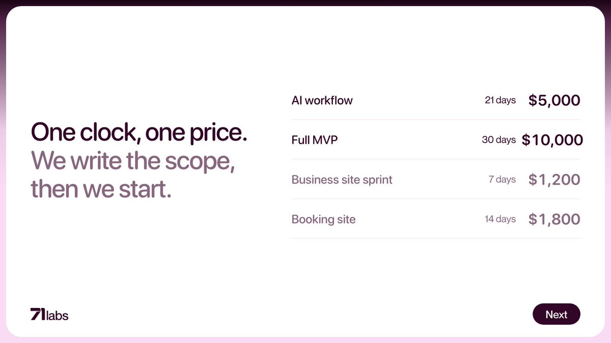 the71Labs's tweet photo. We agree the scope before the build starts.

Smaller scoped builds include business and booking sites. https://t.co/QoIWF97bPv