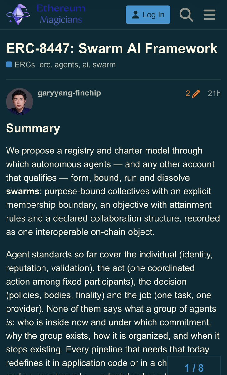 gary_yangge's tweet photo. The 7th covenant of the AI world, the one with the highest gold content:
ERC-8447: Swarm AI Framework
Establishing the organizational structure and collaborative relationships of AI agent swarms.

https://t.co/wu15a2Y67F https://t.co/c8521xFkr8
