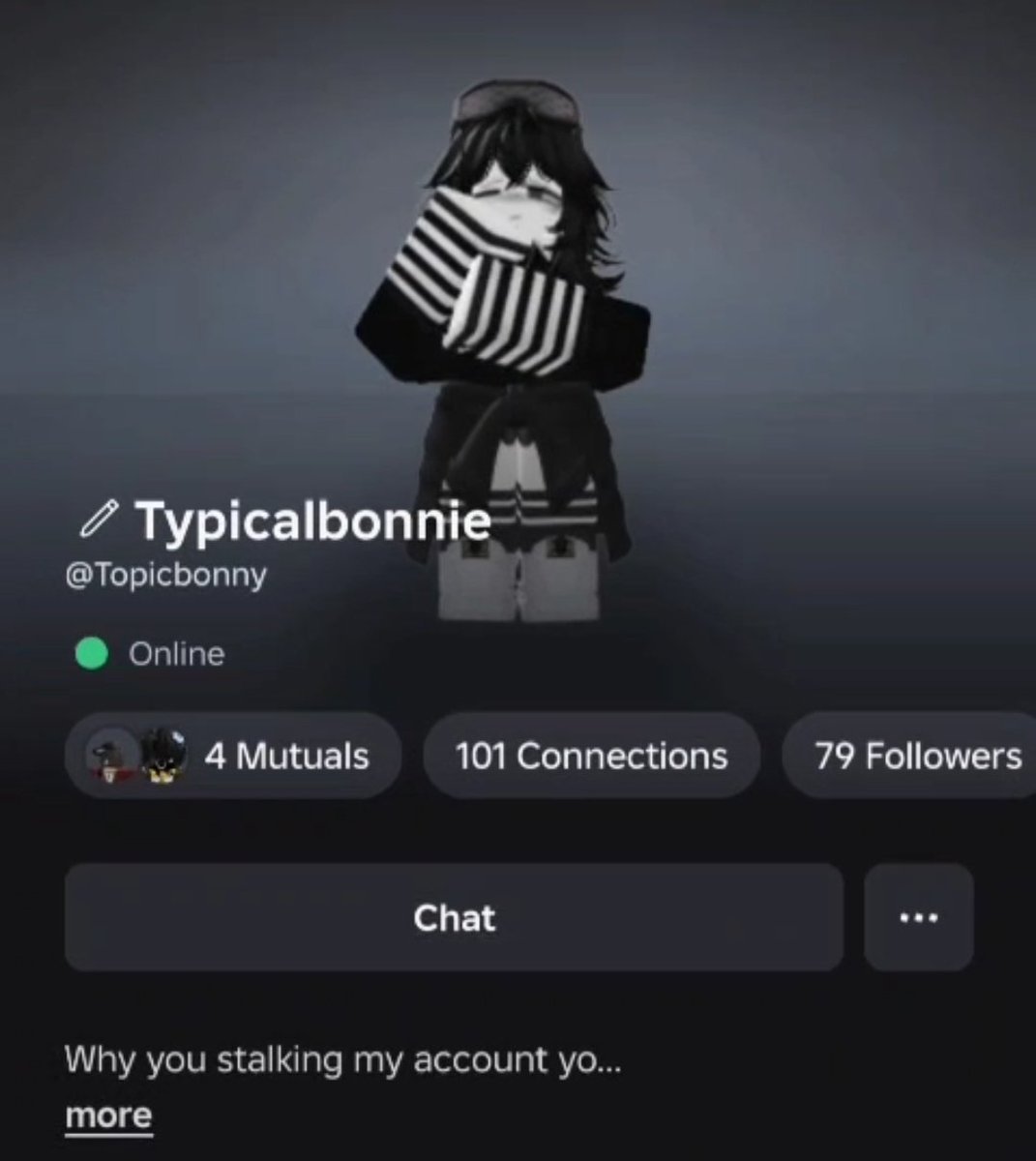 TypicalBonnie's tweet photo. Same for me, had my account "topicbonny" for so long, abt 9 years and not being able to play with my friends and such really hurts, this Pic is the only Pic of my profile and it came from a friend that sadly isint with us anymore, even still had her added... Rip <3 
@Roblox https://t.co/93qCTtYkq5
