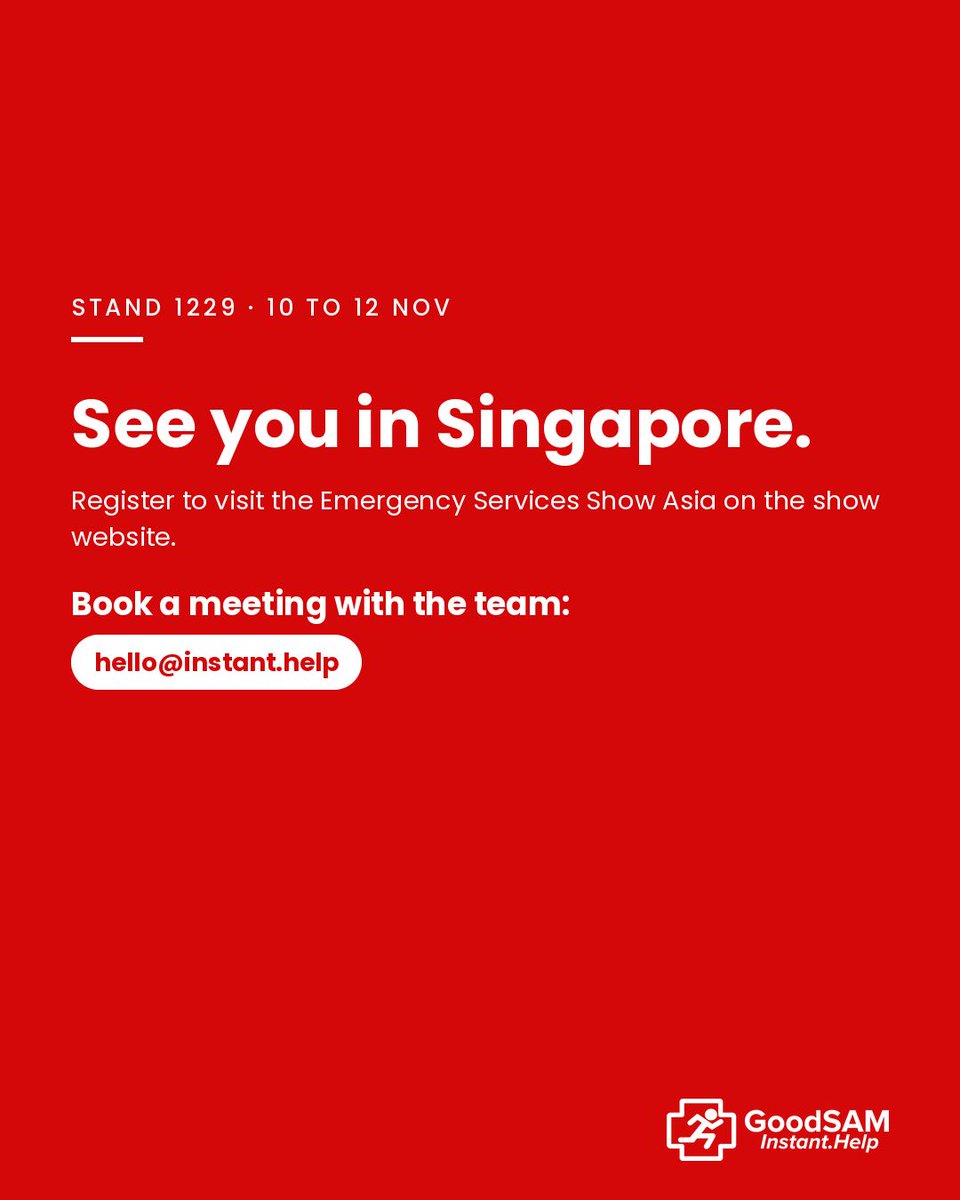 GoodSamApp's tweet photo. Meet GoodSAM at the Emergency Services Show Asia, Singapore, 10 to 12 Nov, Stand 1229.

See Instant On Scene: one tap shares a caller's live video and location with the control room. Book a demo: hello@instant.help

https://t.co/ldeyRy13xE #ESSA2026 https://t.co/57nSCz8EDX