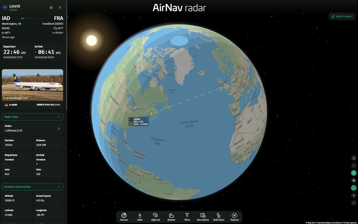 AirNavRadar's tweet photo. The final @Lufthansa Airbus A340-600 flight is now underway✈️

Flight #LH419 is flying from Washington, D.C., to Frankfurt, marking the end of Lufthansa’s 23-year history with the A340-600. 

Track it live on our 3D Map: https://t.co/ARxDEhcivt or via the app at https://t.co/v8X9StmX8U

#Lufthansa #AirbusA340 #AvGeek