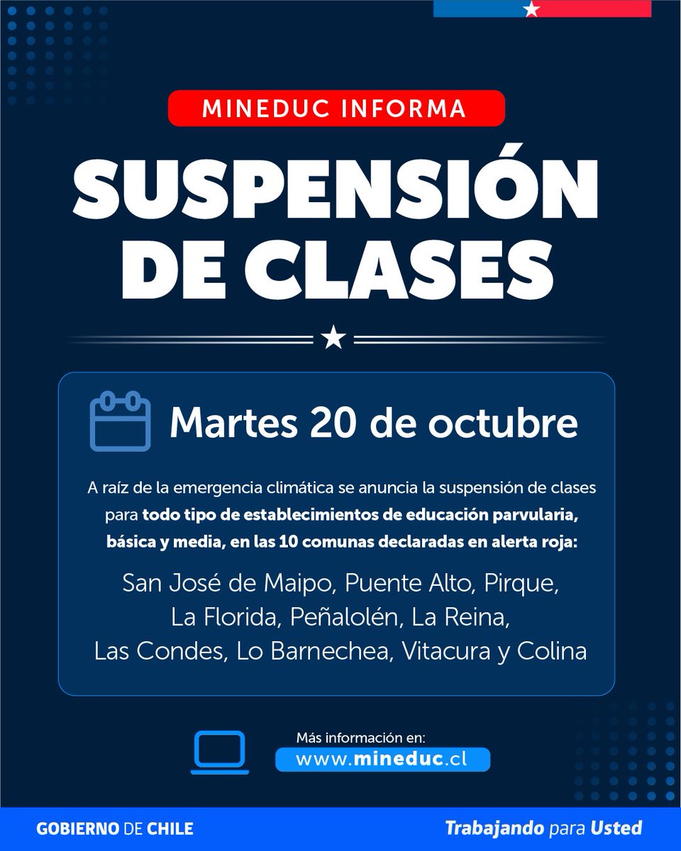 Mineduc's tweet photo. Suspensión de clases para el martes 20 de octubre.

📍 Comunas:

• San José de Maipo
• Puente Alto
• Pirque
• La Florida
• Peñalolén
• La Reina
• Las Condes
• Lo Barnechea
• Vitacura
• Colina https://t.co/1GuTe9eedH