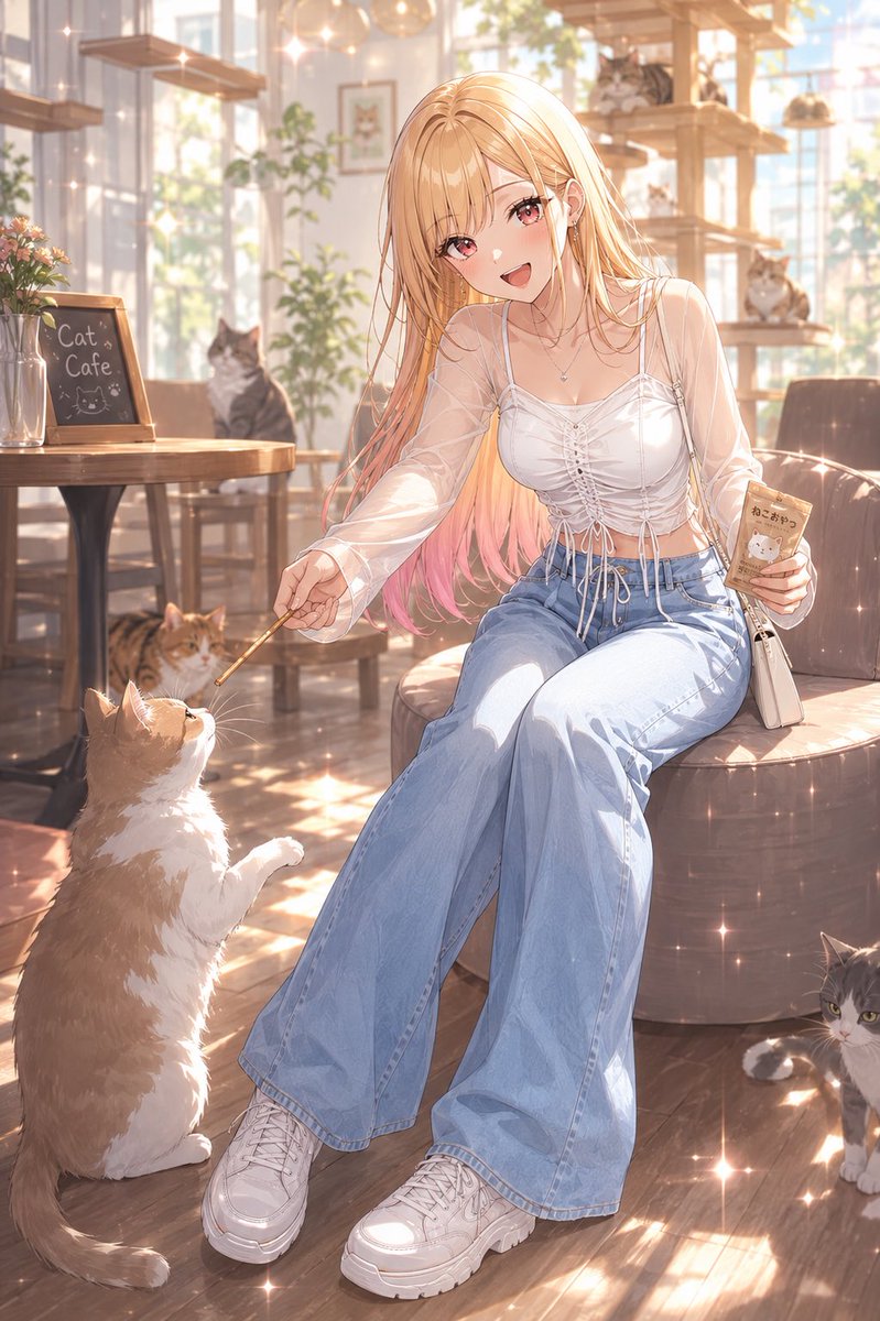 ko_AIedit's tweet photo. 「ほらおいで〜！
おやつの時間だよ〜🐱✨
みんなお腹すいてたのかな？
そんなに可愛い顔で見つめられたら、いっぱいあげたくなっちゃうじゃん💕
はい、順番こね〜♪
ふふっ、みんな可愛すぎて、帰りたくなくなっちゃうよ〜🐾💕」

#AIイラスト
#AIart
#着せ恋
#喜多川海夢
#喜多川マリン https://t.co/PDi3ZtBrW8
