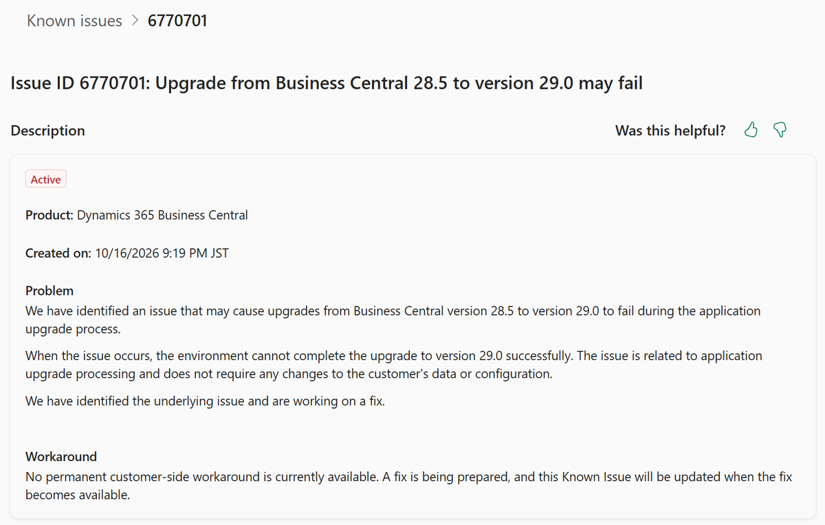 yzhums's tweet photo. Business Central Known Issue ID 6770701: Upgrade from Business Central 28.5 to version 29.0 may fail
More details: https://t.co/n0FltTi24Q

#Dynamics365 
#Dynamics
#MSDyn365
#MicrosoftDYN365 
#MSDyn365BC
#businesscentral https://t.co/JNMEsBhAbd