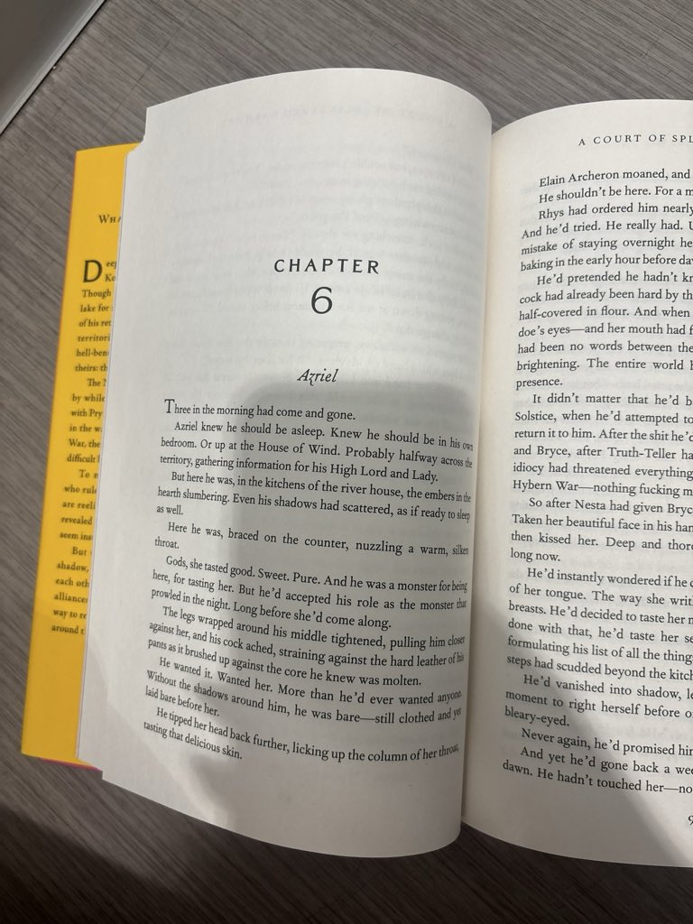 aotyjiminp's tweet photo. Teoria e opinões sobre o cap 6 de acosh:

O cap 6 é basicamente o Azriel e a Elain se pegando na cozinha e o Azriel explicando que eles ficaram distantes durante quase 1 ano desde o solstício antes do Rhys flagrar os dois, no capítulo o Azriel tbm diz que faz 1 mês que eles se beijaram pela primeira vez mas que não passou disso porque eles sempre são interrompidos, e que ele voltou 1 semana depois do 1° beijo e fez isso até o momento que eles estão! No capítulo também tem o Azriel tentando desabafar com a Elain sobre o passado dele e ela pedindo pros dois irem pro quarto antes deles voltarem a se pegar de novo, até que o Rhys aparece e interrompe os dois! E aí temos ele mandando os dois pararem, além de dizer que Elain que se ela quer fazer isso na casa dele então deve terminar com o Lucien primeiro, depois tem a conversa com o Azriel onde eles falam do Lucien e o Azriel é um idiota!