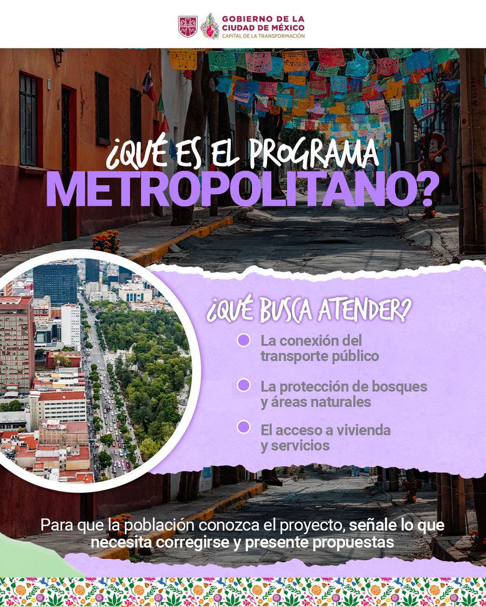 GobCDMX's tweet photo. 🏙️ El #ProgramaMetropolitano es una propuesta para coordinar decisiones sobre temas que atraviesan toda la Zona Metropolitana del Valle de México, como transporte, vivienda, servicios y protección ambiental.

Su Consulta Pública permite conocer el proyecto y aportar opiniones, observaciones y propuestas para enriquecer esta visión compartida.

Tu participación forma parte de este proceso.

Consulta sedes, fechas y modalidades en:
https://t.co/GUmBAaUosP