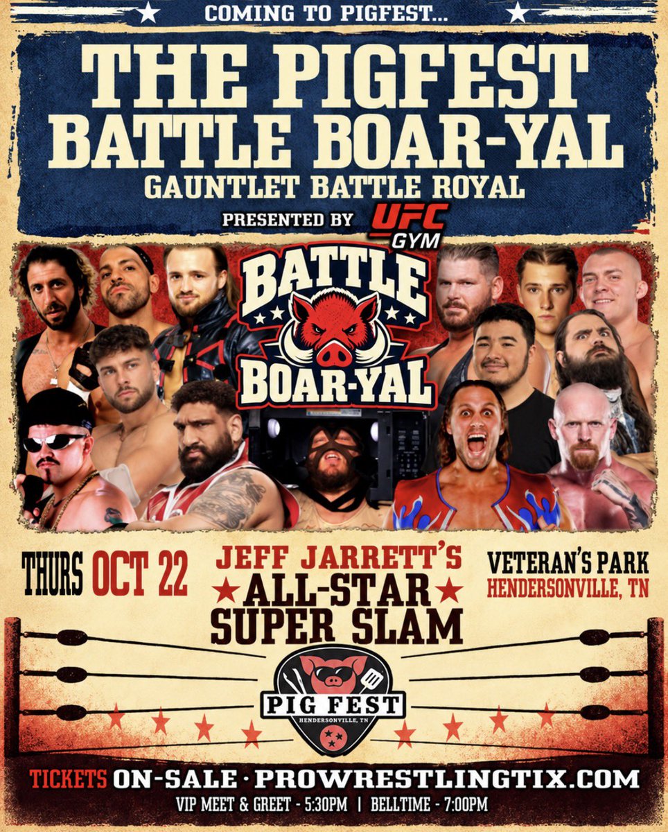 MyWorldPod's tweet photo. Things are going to get HOG WILD in the Battle Boar-yal Gauntlet Battle Royal at @RealJeffJarrett’s All-Star Super Slam!! 🐷🔥

Don’t miss the big show on October 22nd at the Hendersonville Pig Fest!

Tickets available now at https://t.co/mzb81LEKI3 https://t.co/jSeWO0gIs1
