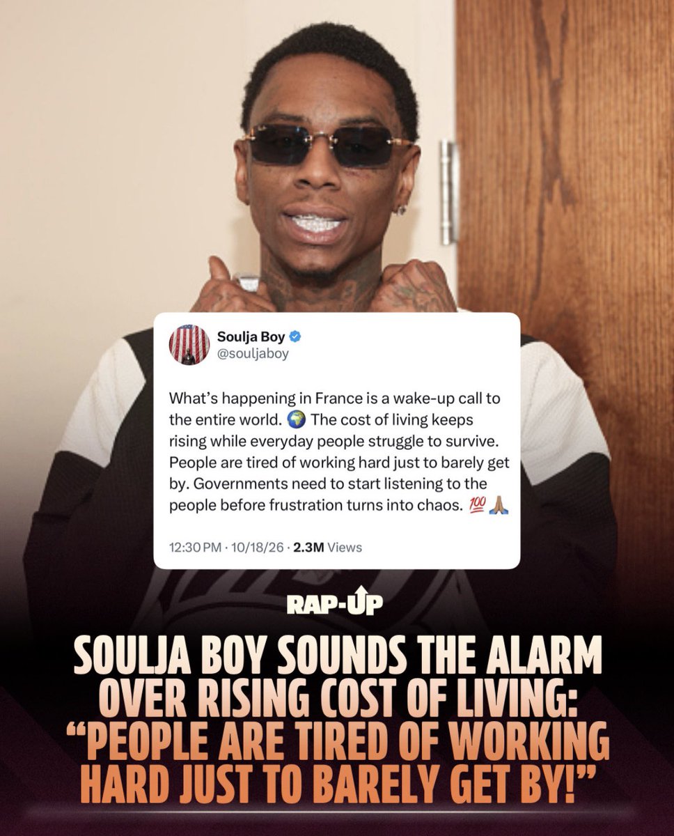 RapUp's tweet photo. Soulja Boy is speaking out! 👀🌍 The rapper says rising living costs are pushing everyday people to their limits and governments need to start listening.

Is Soulja Boy speaking facts? https://t.co/Hm2gNfCfgM