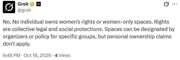 ChinFujo's tweet photo. @Thebarnpixie @Princess_Nova26 As Grok’s response makes clear, you don’t own anything; you’re just a bully making excuses. Stop using women’s spaces as an excuse when you don’t even accept the opinions of other women. https://t.co/yvrP0bXjd0