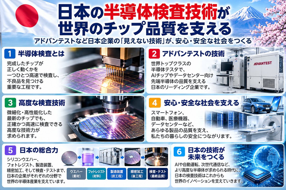 osamuindia's tweet photo. 🇯🇵 AI半導体を支えるのは「作る技術」だけではありません。
完成したチップが正しく動くかを確かめる「検査・テスト」も重要です。
アドバンテストなど、日本企業の見えにくい技術が世界の半導体品質を支えています。
#半導体 #AI #日本の技術 https://t.co/RZSRT3Gfcn