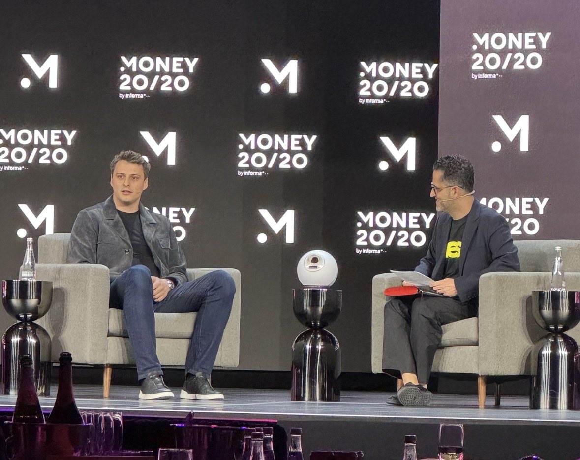 meshpay's tweet photo. Opening night at @money2020: our CEO @bamazizimesh sat down with @alexblania, fresh off the launch of @world_id for banking and finance. When agents start paying on our behalf, proving there's a real human behind them becomes core payments infrastructure. https://t.co/6Myqq3od0g