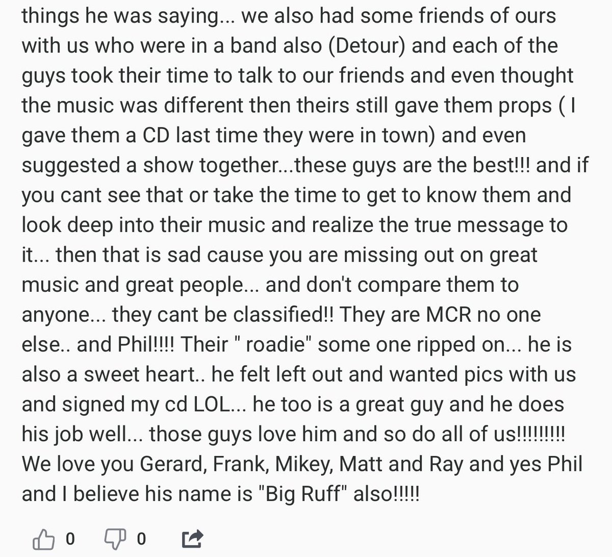 gorebugs's tweet photo. this fan’s story from 2002 defending mcr is gonna make me bawl. mcr being there 4 them when their dad had a stroke. frank upset thinking they missed the show then discovering they made it. ray making sure they stayed + gerard continually hugging them too Oh My God 😭😭😭😭 WAHH https://t.co/XD3WSZG7ZY