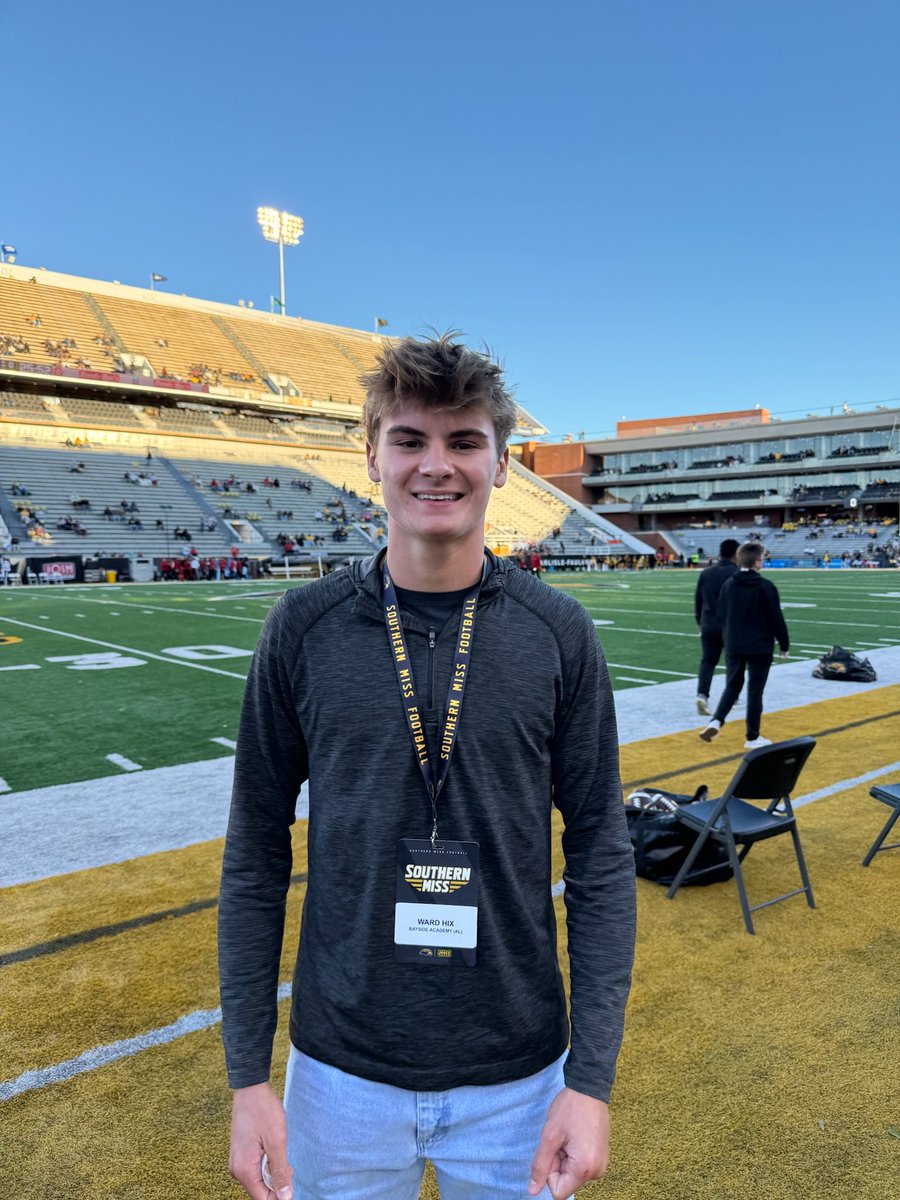 wardhix1's tweet photo. Thank you @USMFBRecruiting @SouthernMissFB for having me last night at the game.  Perfect football weather.  Loved the stadium and the football facilities. And the drive home was under 2 hours.

@coachstringer @DrakeDiedrick @HLNored 
@CHbanderson 
@kcef35 @CoachQ14D 

@Bayside_Admiral
@barrett_trotter
@CoachKCotton
@George_G_Pratt
@ScoutFball
@BrandonDean1
@CoachTMac5
@KingMac_251
@PrepStatsHQ
@GCMSportsAL
@HallTechSports1