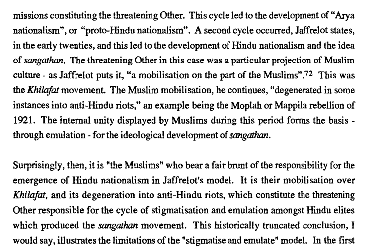 Saatvata's tweet photo. Interestingly, the RSS itself was largely formed in response to the 1921-1922 Moplah Riots and 1923 Nagpur Riots.

Dr. B.S. Moonje personally traveled to Kozhikode, met with Zamorin and families that had been targeted, and interviewed victims.

Moonje then compiled the firsthand testimonies regarding forced conversion, massacres, and desecration of Hindu temples into publicized reports.
He concluded that the Moplah Rebellion was not simply an agrarian or anti-British revolt, but rather a communal riot.

During this time, Keshav Baliram Hedgewar (who would later found the RSS) was prosecuted for sedition due to his speeches delivered against British colonial rule and was serving a prison sentence at the time.

After Hedgewar was released from prison, he read B.S. Moonje's report and was deeply moved.

A few months later, he personally witnessed the 1923 Nagpur riots and even joined B.S. Moonje and "Raja" Lakshmanrao Bhonsle in the Dindi Satyagraha challenging British colonial restrictions on Dindi Yatra.

This experience reinforced his belief that Hindu disunity (due to caste divisions, regional loyalties, internal rivalries, etc.) prevented Hindus from responding collectively to the more "united" Muslims and therefore made Hindus vulnerable to communal attacks from Muslims in spite their numerical majority.

This observation eventually led him to found the RSS on Vijayadashami in 1925.

Interestingly, Malayali Communist E. M. S. Namboodiripad (who was only 12 years old in 1921) would later classify the Moplah Riots as a "fine example of an agrarian political mass movement" even though his own family had to relocate to Irinjalakuda after their home was threatened.

Even Jaffrelot admits that the Mappila Riots and the wider Khilafat movement played a not insignificant role in the emergence of Hindu nationalism: