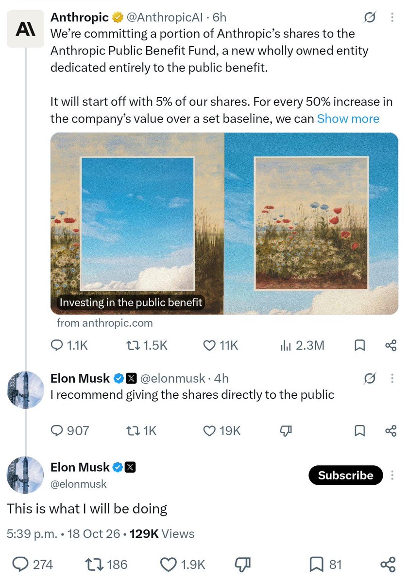 AndrewCurran_'s tweet photo. Elon says that instead of putting shares into a Public Benefit Fund he will be giving shares directly to the public. Back in April, OpenAI also proposed a Public Wealth Fund that would distribute returns directly to US citizens through a dividend. https://t.co/aEn2yQ9gUs