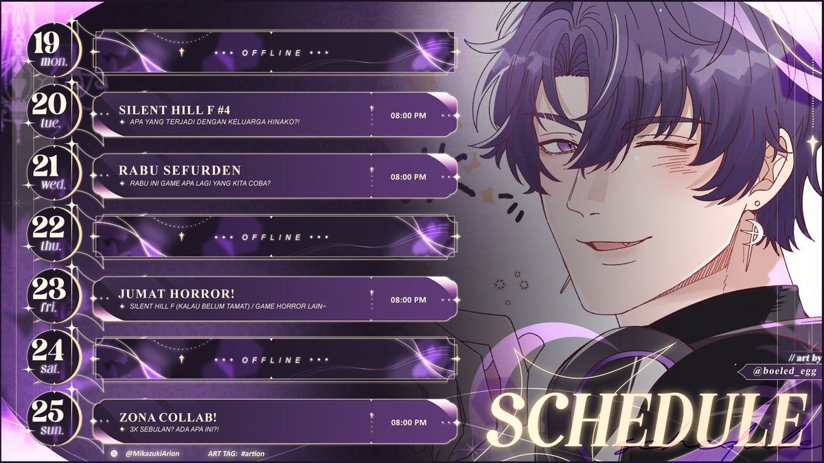 MikazukiArion's tweet photo. Wikli skejul yea ✋

• General #MikazukiArion
• Pengumuman #Announcion
• Fanart #Artion
• Live related #Onairion
• Comic/AU #Storyon
• Memes #Aumrion

Art wink by @/boeled_egg ✨ https://t.co/HGNUnydWsL
