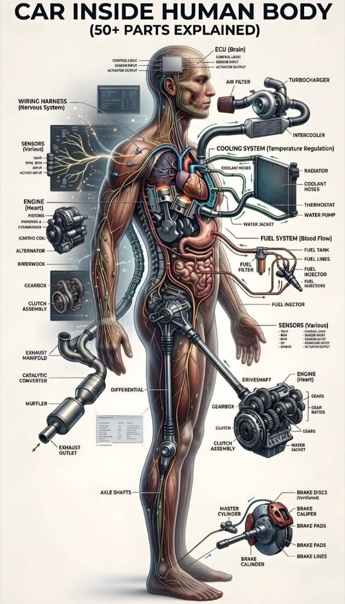 Devin_coder's tweet photo. What if the human body worked like a car? 🚗🧠
❤️ Heart = Engine
🧠 Brain = ECU
🩸 Blood = Fuel System
🫁 Lungs = Air Intake
🌡️ Body = Cooling System
The human body is more incredible than any machine! 
follow : @Devin_coder https://t.co/44BILkqTmd