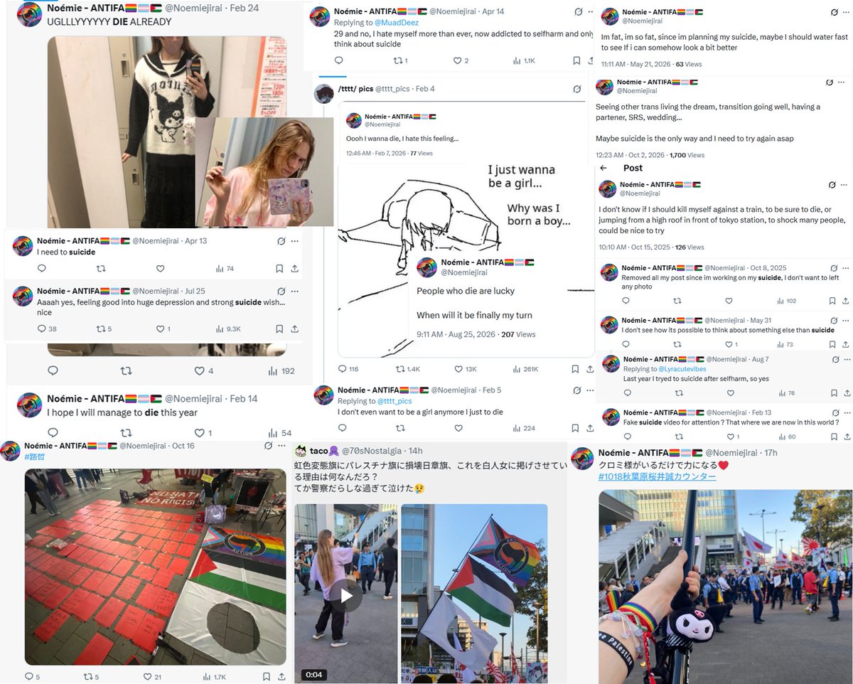 AI_EmeraldApple's tweet photo. So this ANTIFA activist who desecrated the Japanese flag is a trans ideological degenerate and Palestine supporter who is extremely mentally unwell.

So many of his posts are about him wanting to end his life... obsessed with self-harm and even saying he is envious of those who die... and even planning how to do it.

This person SHOULD NOT be allowed to be out in public, as they are probably a danger to themselves and to others. The Japanese authorities need to take this person into custody, place them in holding, and then deport them. 

He is a ticking time bomb, and it's only a matter of time before some kind of tragedy strikes.