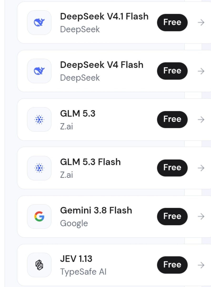 anya_yfa7's tweet photo. 6 AI models are FREE on BeatAPI right now 👀

Models available:

→ DeepSeek V4.1 Flash
→ DeepSeek V4 Flash
→ GLM 5.3
→ GLM 5.3 Flash
→ Gemini 3.8 Flash
→ GPT-6.1 Sol

How to get started:

1. Go to https://t.co/xvuHPMHpBA
2. Sign up and create an API key
3. Use the API with your coding tools

Base URL: https://t.co/IvCnFEAyVB