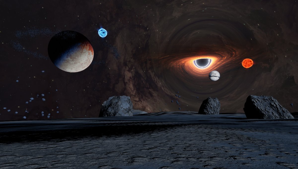CaveMans_Fire's tweet photo. Cosmic Remnant.
An exploration game in development for VR and desktop, with 48,512 asteroids and a focus on quality and detail—from the textures under your feet to the materials across the scene.
The black hole uses an animated shader to create a swirling disk of light warped around its dark center. That motion gives it the appearance of energy flowing around the black hole—a real-time visual effect that brings the scene to life.
Both modes have been tested. A space vehicle is next, opening the way to explore beyond the fractured surface and through those massive asteroid corridors.
Pushing my builds further and exploring what’s possible with @OthersideMeta and ODK.
This is just the beginning.
