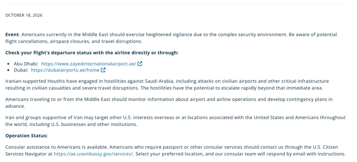hey_itsmyturn's tweet photo. U.S. 🇺🇸 Embassy in #UAE 🇦🇪 issues a security alert:

"Iran and groups supportive of Iran may target other U.S. interests overseas or at locations associated with the United States and Americans throughout the world, including U.S. businesses and other institutions." 

"Americans traveling to or from the Middle East should monitor information about airport and airline operations and develop contingency plans in advance."