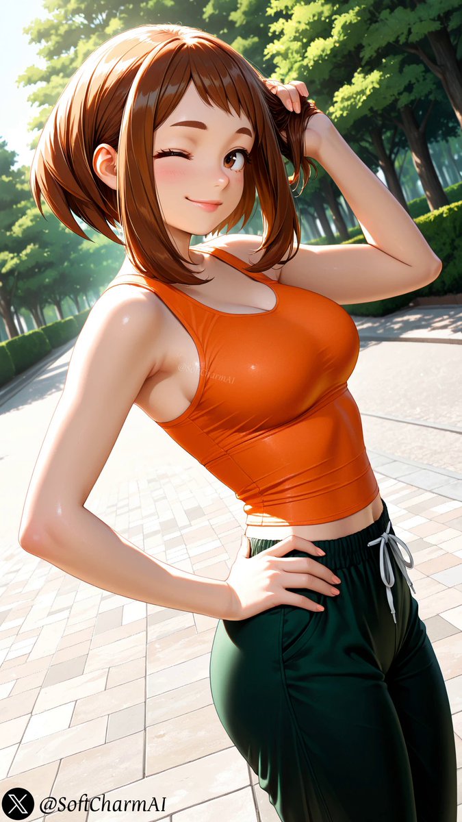 SoftCharmAI's tweet photo. What a beautiful sunny day for a walk in the park... Mind if I stretch with you? ☀️🧡🏃‍♀️

#OchacoUraraka #MyHeroAcademia #bokunohero #AIart https://t.co/iEynhZgMin