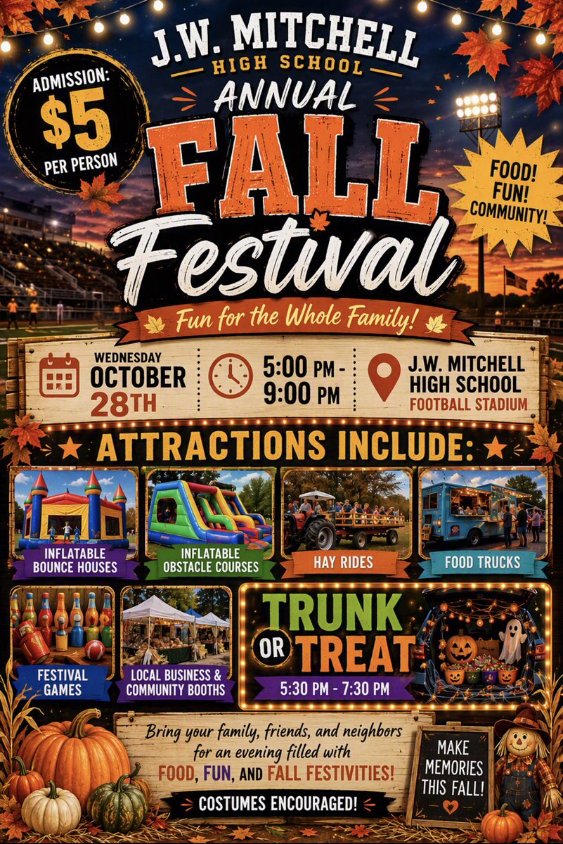 JWMHS's tweet photo. Save the Date for our annual JWMHS Fall Festival on October 28th from 5PM to 9PM! Admission is $5 per person and there will be inflatables, hay rides, Trunk or Treating, and games! Come one! Come all! #ExcellenceTakesTheFallFestival #ExcellenceTakesEverything https://t.co/ewZjwHmZdR
