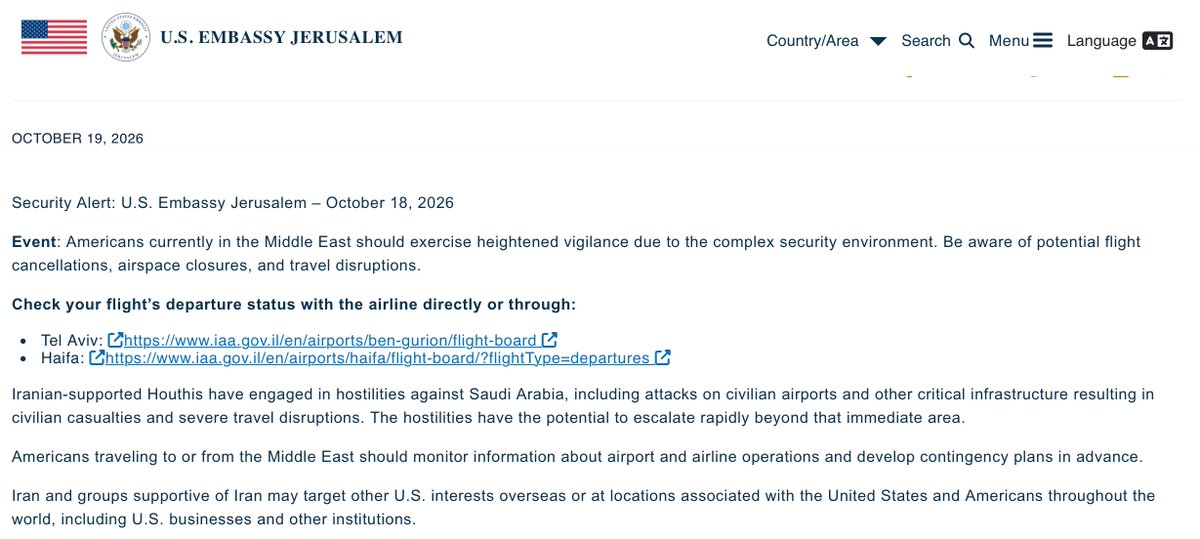 hey_itsmyturn's tweet photo. Security warning by @StateDept for the following countries: 

#UAE 🇦🇪 
#Israel 🇮🇱  
#Bahrain 🇧🇭 
#Jordan 🇯🇴 
#Kuwait 🇰🇼 
#Iraq 🇮🇶  
#Lebanon 🇱🇧 
#Qatar 🇶🇦 

"Iranian-supported Houthis have engaged in hostilities against Saudi Arabia, including attacks on civilian airports and other critical infrastructure resulting in civilian casualties and severe travel disruptions. The hostilities have the potential to escalate rapidly beyond that immediate area.

Americans traveling to or from the Middle East should monitor information about airport and airline operations and develop contingency plans in advance.

Iran and groups supportive of Iran may target other U.S. interests overseas or at locations associated with the United States and Americans throughout the world, including U.S. businesses and other institutions."