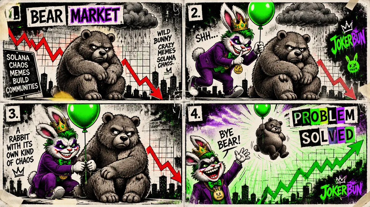 k_vti80903's tweet photo. #JokerBun #JBUN
Bear market showed up grumpy. JokerBun handed it a balloon. Bear floated away.
Went to therapy about seeing a green rabbit in every chart. Plot twist on the last panel.
Also learned the difference between diamond hands and diamond paws ππΎ
My entries for the $JBUN meme contest, shoutout @JokerBuniou0