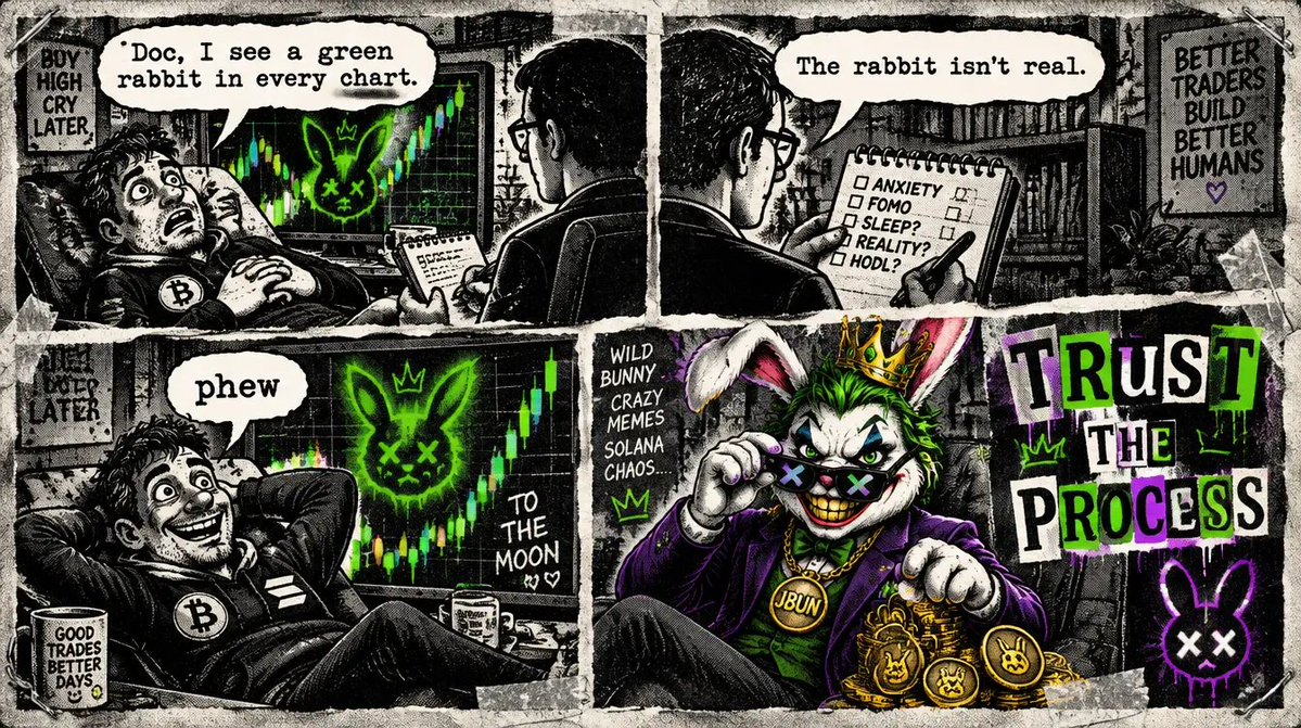 k_vti80903's tweet photo. #JokerBun #JBUN
Bear market showed up grumpy. JokerBun handed it a balloon. Bear floated away.
Went to therapy about seeing a green rabbit in every chart. Plot twist on the last panel.
Also learned the difference between diamond hands and diamond paws ππΎ
My entries for the $JBUN meme contest, shoutout @JokerBuniou0