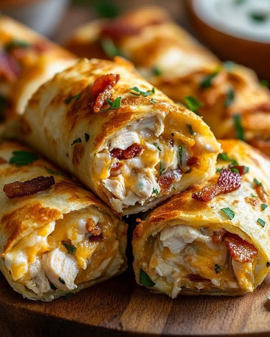 ann_ann886's tweet photo. Chicken Bacon Ranch Roll-Ups

Ingredients
8 small flour tortillas (6–7 inch)
2 cups cooked chicken, chopped or shredded (rotisserie works great)
6 slices bacon, cooked crisp and crumbled
1½ cups shredded cheese (cheddar, Monterey Jack, or a blend)
4 oz (115 g) cream cheese, softened
1/3 cup ranch dressing (plus more for dipping)
2 tbsp chopped fresh parsley or chives
1 tsp garlic powder
1/2 tsp onion powder
1/4 tsp black pepper
1–2 tbsp hot sauce (optional)
2 tbsp butter, melted (or neutral oil) for the skillet
Optional add-ins
1/4 cup finely diced green onion
1/2 cup finely diced bell pepper (sautéed)
Pinch of smoked paprika
Instructions
Make the filling
In a bowl, mix cream cheese, ranch dressing, garlic powder, onion powder, pepper, and hot sauce (if using) until smooth.
Fold in chicken, bacon, shredded cheese, and parsley/chives until evenly combined.
Assemble
Warm tortillas briefly (microwave 10–15 seconds or in a dry skillet) to make pliable.
Spread about 1/3 cup filling in a line across the lower third of each tortilla. Roll tightly, tucking edges slightly as you go. Place seam-side down.
Cook Skillet method (crispiest):
Heat a large nonstick skillet or griddle over medium heat and brush with melted butter.
Add roll-ups seam-side down and cook 2–3 minutes per side, turning to brown all around until golden and the cheese is melted, 6–8 minutes total.
Air fryer:
Brush roll-ups lightly with melted butter or spray with oil.
Air-fry at 380°F (193°C) for 6–8 minutes, turning once, until crisp and melty.
Oven:
Place on a parchment-lined sheet, brush tops with butter, and bake at 425°F (220°C) for 10–12 minutes, flipping halfway.
Serve
Sprinkle with extra bacon bits and herbs if you like. Serve hot with ranch (or chipotle ranch) for dipping.
Tips and swaps
Chicken: Leftover grilled chicken or poached chicken works; season lightly with salt/pepper if plain.
Cheese: Cheddar for sharpness; add mozzarella or Monterey Jack for extra stretch; a little pepper jack adds heat.
Make-ahead: Assemble up to 24 hours ahead; cover and refrigerate. Cook just before serving.
Freezer-friendly: Freeze assembled roll-ups on a sheet tray, then bag. Cook from frozen in the oven at 400°F (205°C) for 18–22 minutes, or air-fry 10–12 minutes, until hot and crisp.
Add veggies: Stir in sautéed mushrooms, spinach, or caramelized onions to balance richness.
Serving ideas
Pair with a simple side salad, tortilla chips and salsa, or roasted veggies.
For a party platter, slice each roll-up into 3–4 bite-size pieces and secure with toothpicks.