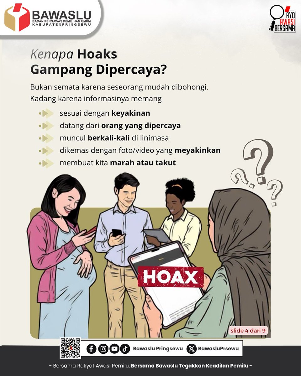 BawasluPrsewu's tweet photo. Memangnya hoaks berdampak pada demokrasi?
 
 Tentu! Hoaks sangat mengancam demokrasi, oleh karena itu demokrasi membutuhkan #SahabatBawasluPringsewu untuk kritis dalam menyebarkan informasi ✊🏻

 #Hoaks
 #InformasiPalsu https://t.co/CjhKzWv3LE
