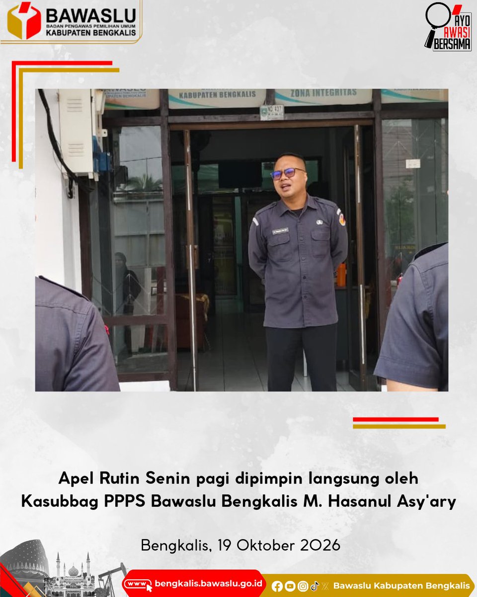 BawasluBKS's tweet photo. #SahabatBawaslu, Apel Rutin Senin pagi ini (19/10) dipimpin langsung Kasubbag PPPS M. Hasanul Asy'ary Bawaslu Bengkalis diikuti seluruh staf. Dalam amanat beliau menyampaikan beberapa hal diantaranya berharap kepada seluruh jajaran untuk https://t.co/i4Gv3a5GSp