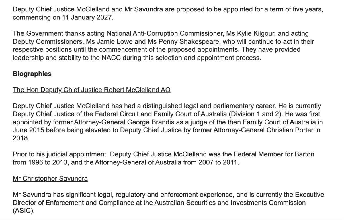 JoshButler's tweet photo. NACC news: Labor government proposes Robert McClelland (deputy chief justice of Federal Court, former Labor MP &amp; attorney-general) as National Anti-Corruption Commissioner and Christopher Savundra (executive at ASIC) as a Deputy Commissioner https://t.co/haeNOItL1w