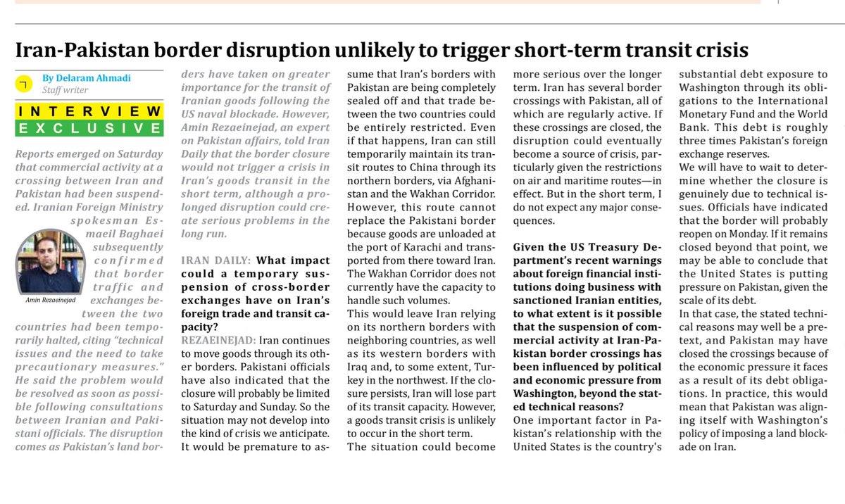 IranDailyWeb's tweet photo. Iran-Pakistan border disruption unlikely to trigger short-term transit crisis

Interview 
Exclusive

Amin Rezaeinejad
Pakistan affairs expert 
https://t.co/CSVTDISbt5
By Delaram Ahmadi
Staff writer https://t.co/zXcdwVPjiC