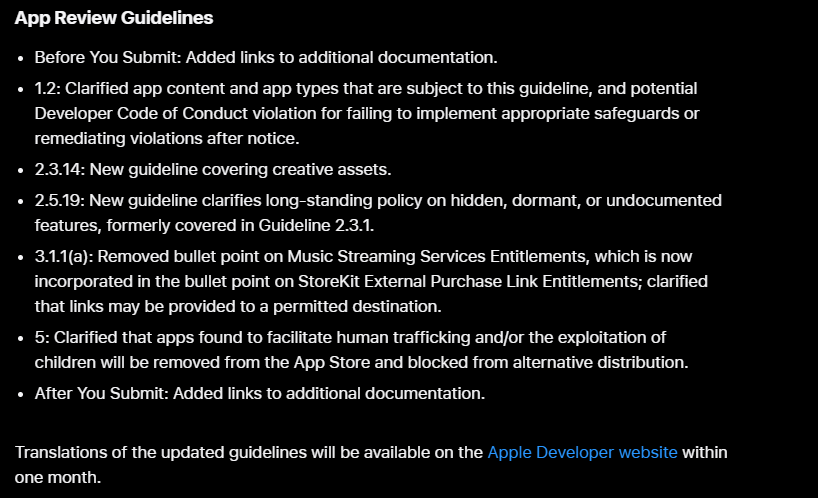 minosdevs's tweet photo. Apple a serré la vis sur les reviews d’apps, avec de nouvelles guidelines qui changent beaucoup

Les features cachées d’une app, configurables via des fichiers de code sans déployer de nouvelle version, sont maintenant interdites

Assurez-vous de mettre toutes les features dans la description, etc..

Et soyez très soft sur l’A/B testing qui se fait par fichier de configuration du code

Le game est devenu plus hard, et ça risque pas de s’arrêter, alors ajustez-vous