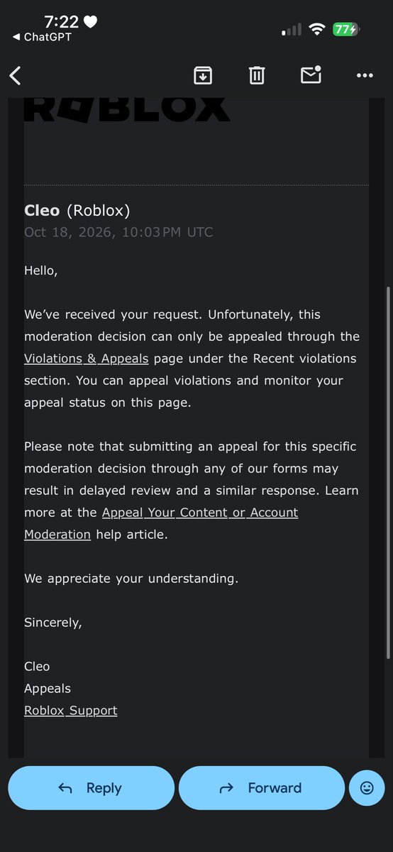 aliyahkp40's tweet photo. almost at the 30 day mark still haven’t gotten any help from Roblox support. I don’t know how long this is gonna keep going on for but Roblox genuinely needs to fix their issue because over thousands of players have been falsely banned with no evidence @KreekCraft @Roblox https://t.co/DlGa4N2u7w